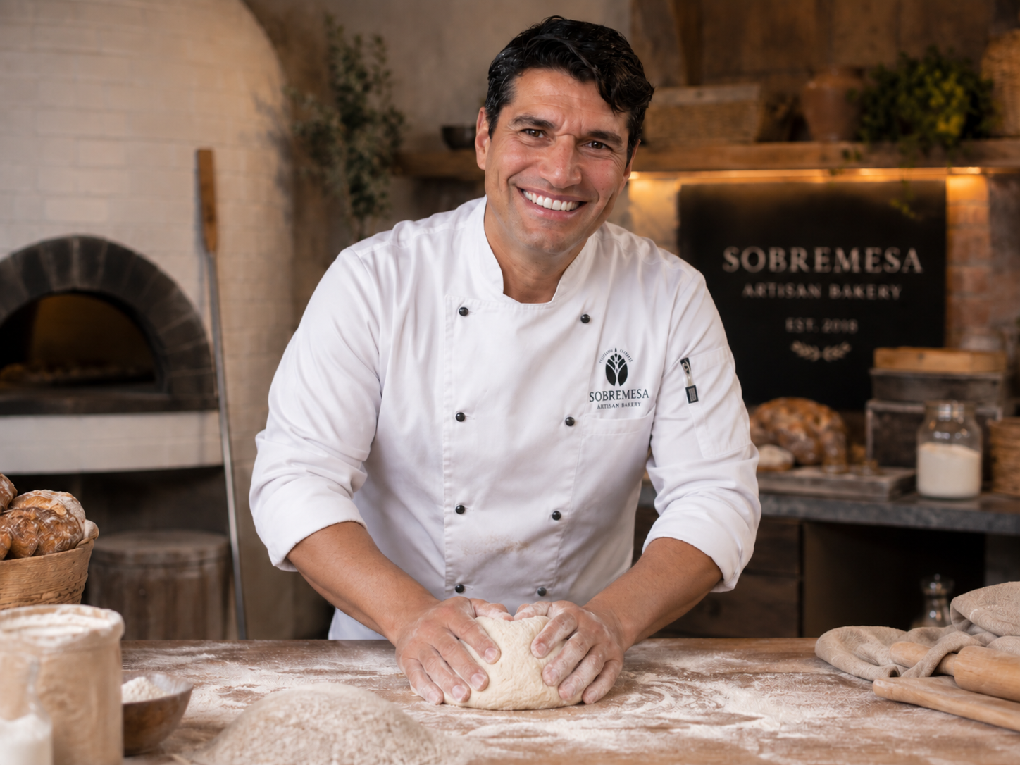 Fernando working artisan bread dough in the bakery