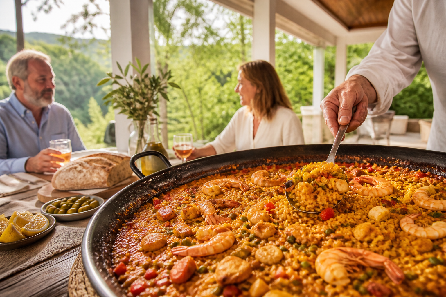 Paella being served on a covered porch overlooking the wooded hills of North Alabama