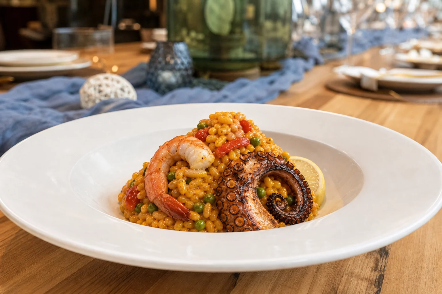 Saffron paella with peeled prawn and grilled octopus served at Sobremesa